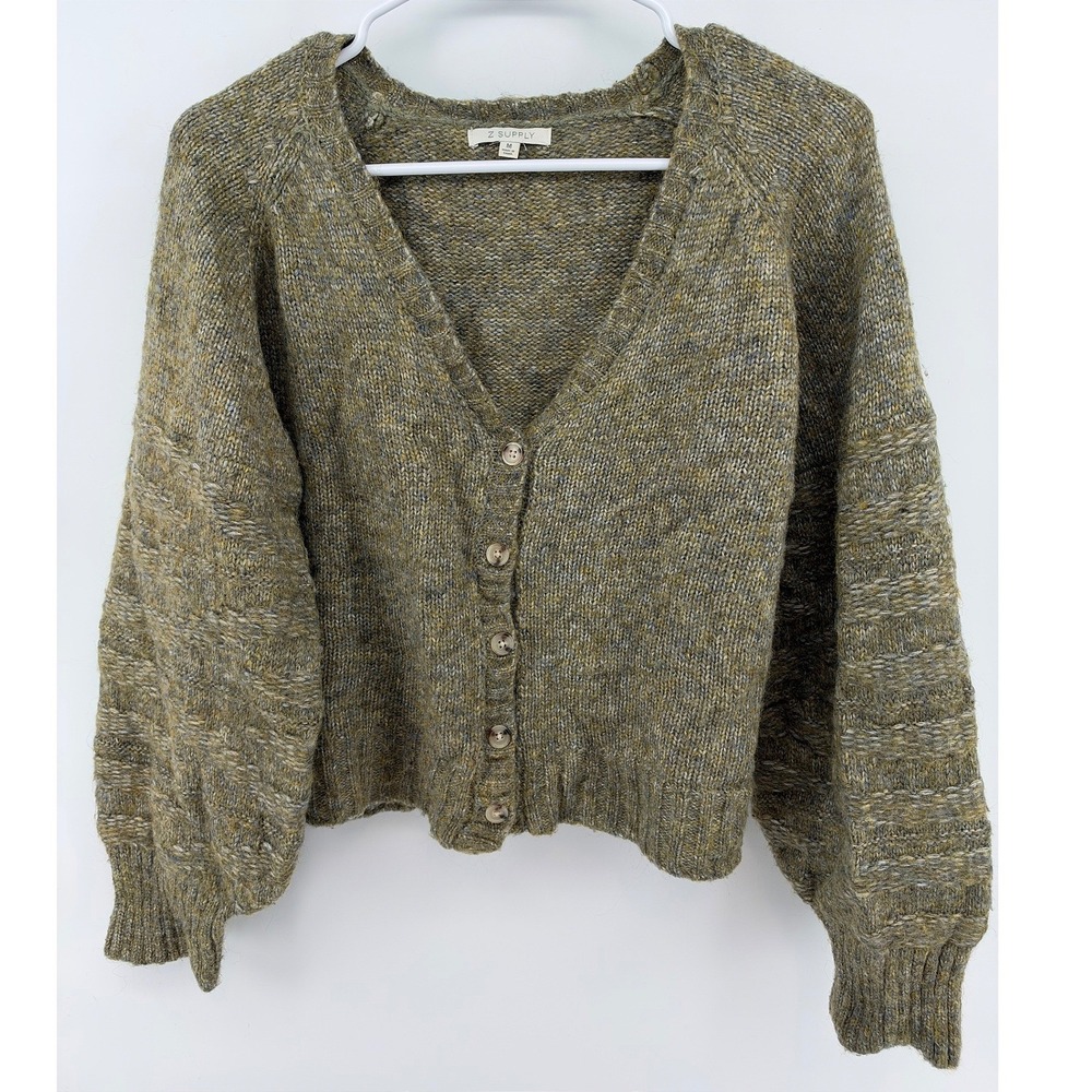 Z Supply Chunky Knit Cropped Cardigan Olive Green Ballon Sleeve V-Neck M Cabin